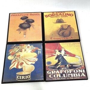 4‎ Vintage Italian Wooden Wall Plaque 6 in x 6 in Cirio Parapluie Borsalino